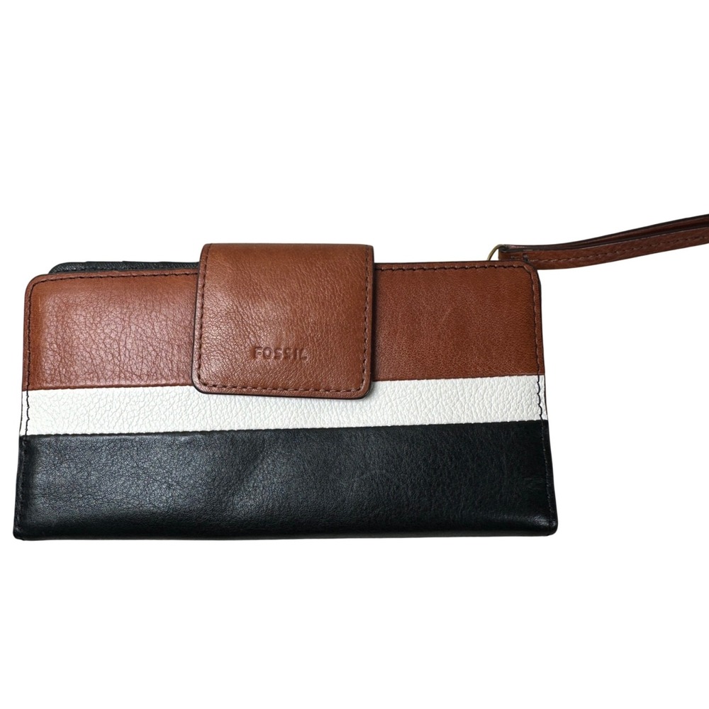 Fossil Leather Colorblock Slim Bifold‎ Wallet Wristlet Brown White Black Snap
